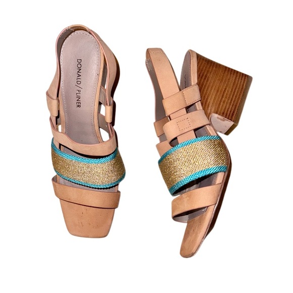 Designer Donald J. Pliner gold teal leather heels women’s size 8.5 - Picture 3 of 15